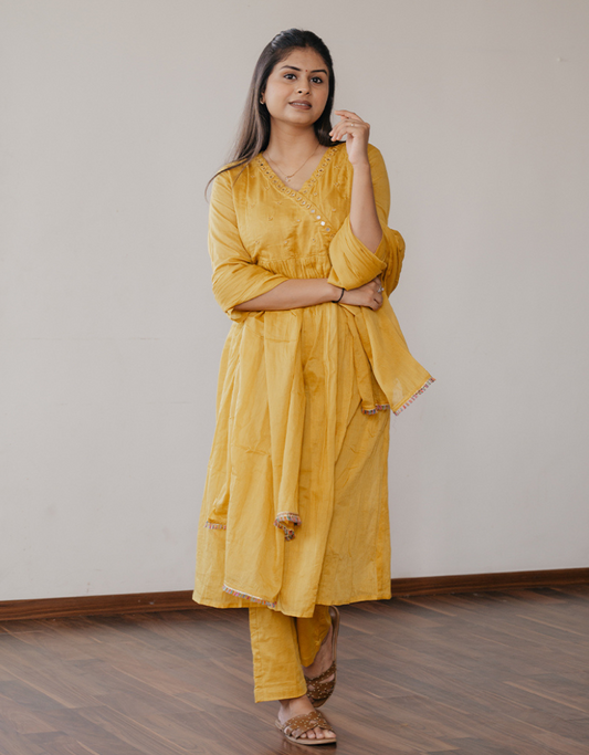 Mustard Mulmul A-line Kurta Set