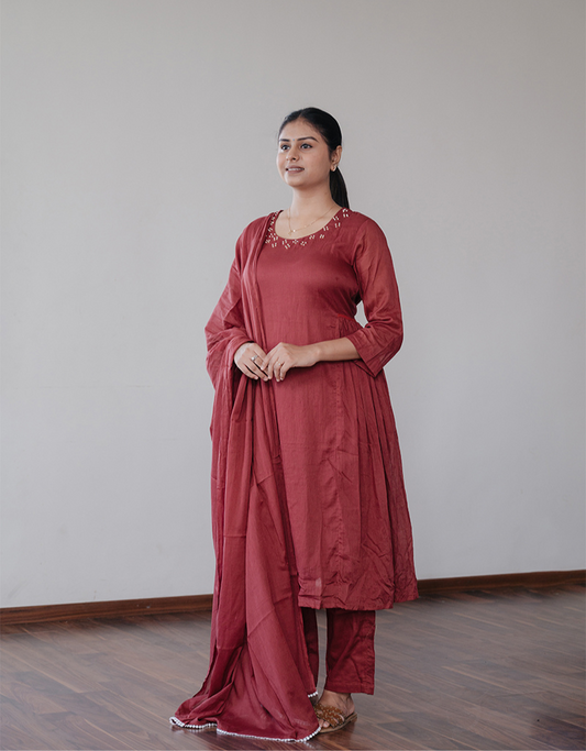Classic Maroon Mulmul A-Line Kurta Set