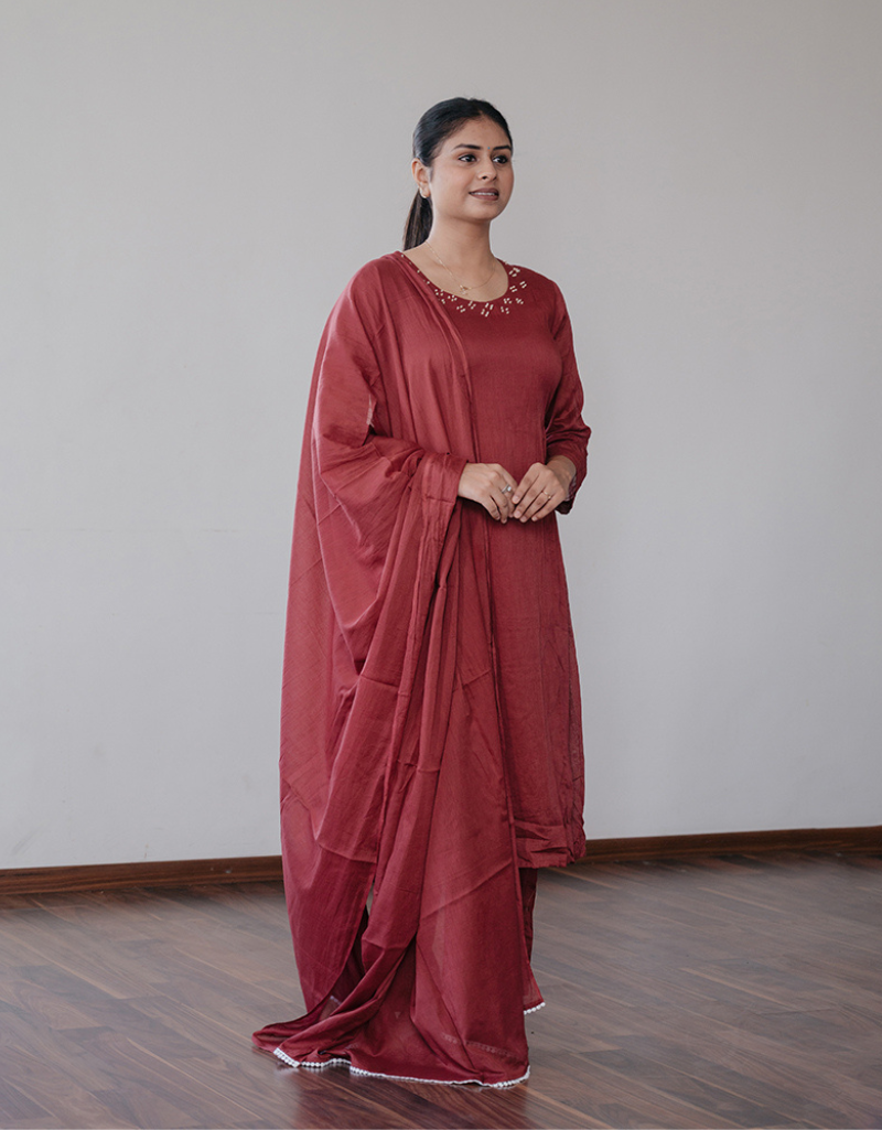 Classic Maroon Mulmul A-Line Kurta Set