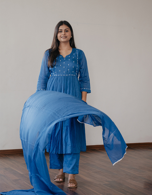 Blue A-Line Mulul Kurti Set
