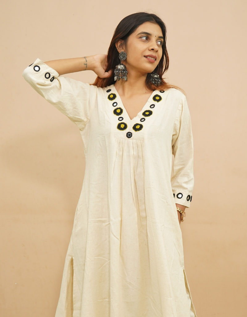 Embroidered Khadi A-line Kurta Set