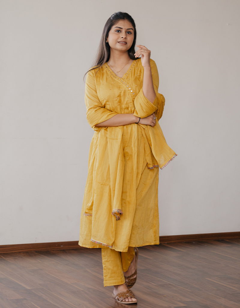 Mustard Mulmul A-line Kurta Set