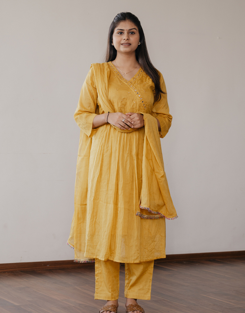 Mustard Mulmul A-line Kurta Set