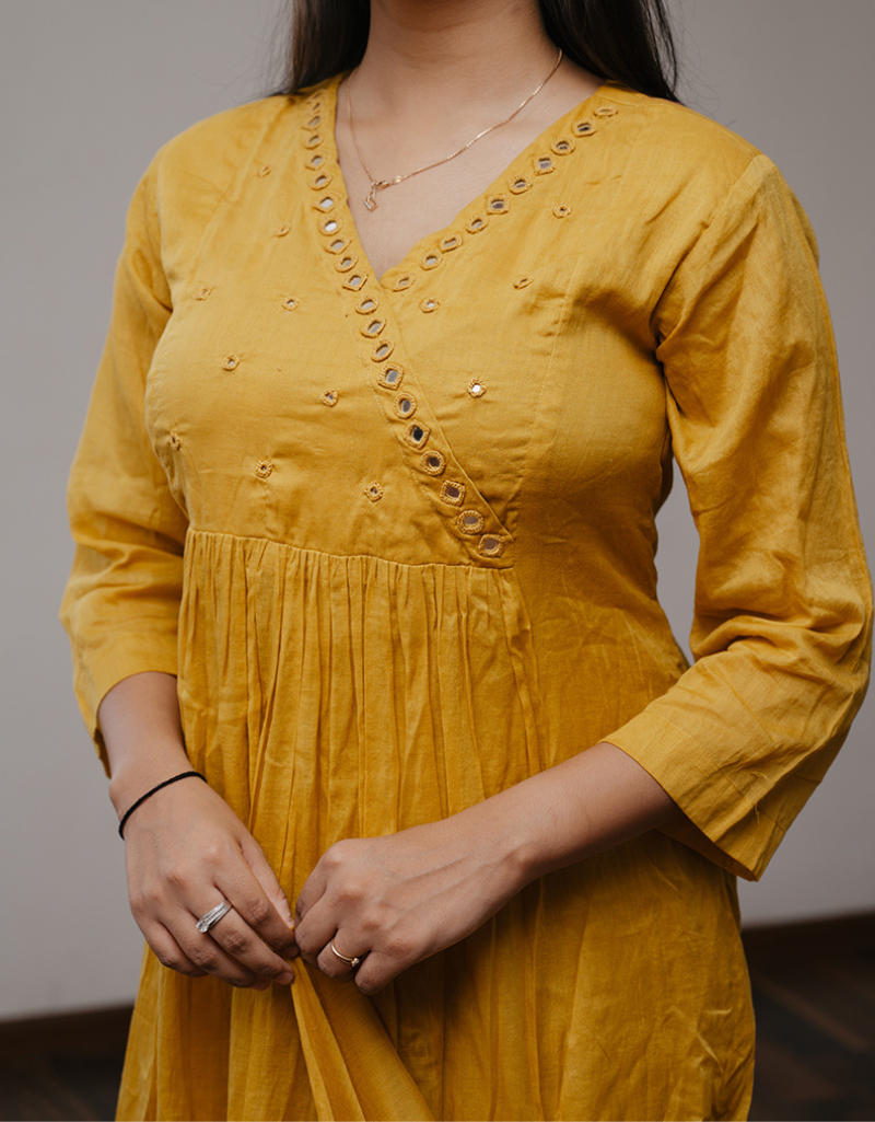 Mustard Mulmul A-line Kurta Set
