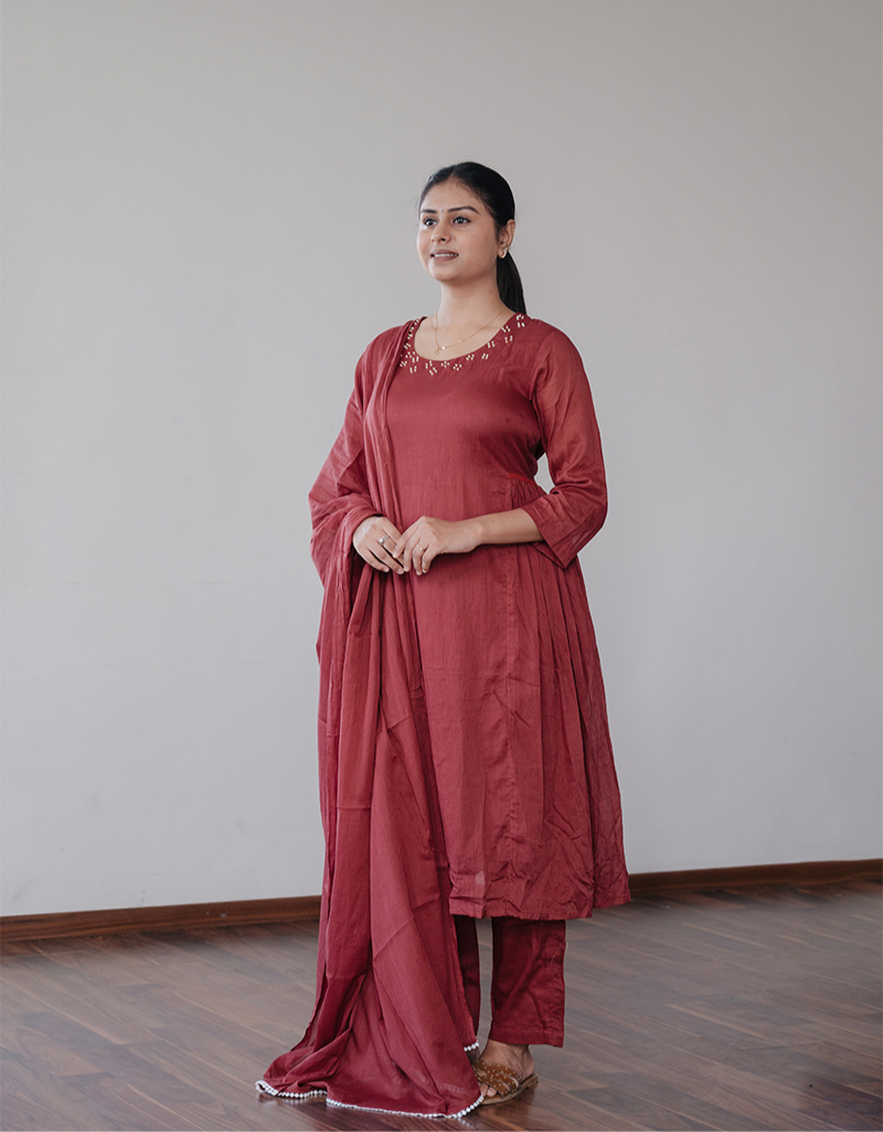 Classic Maroon Mulmul A-Line Kurta Set
