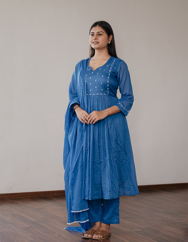 Blue A-Line Mulul Kurti Set