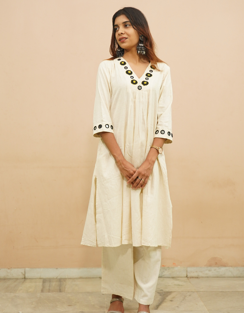 Embroidered Khadi A-line Kurta Set