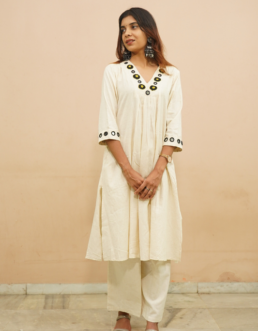 Embroidered Khadi A-line Kurta Set