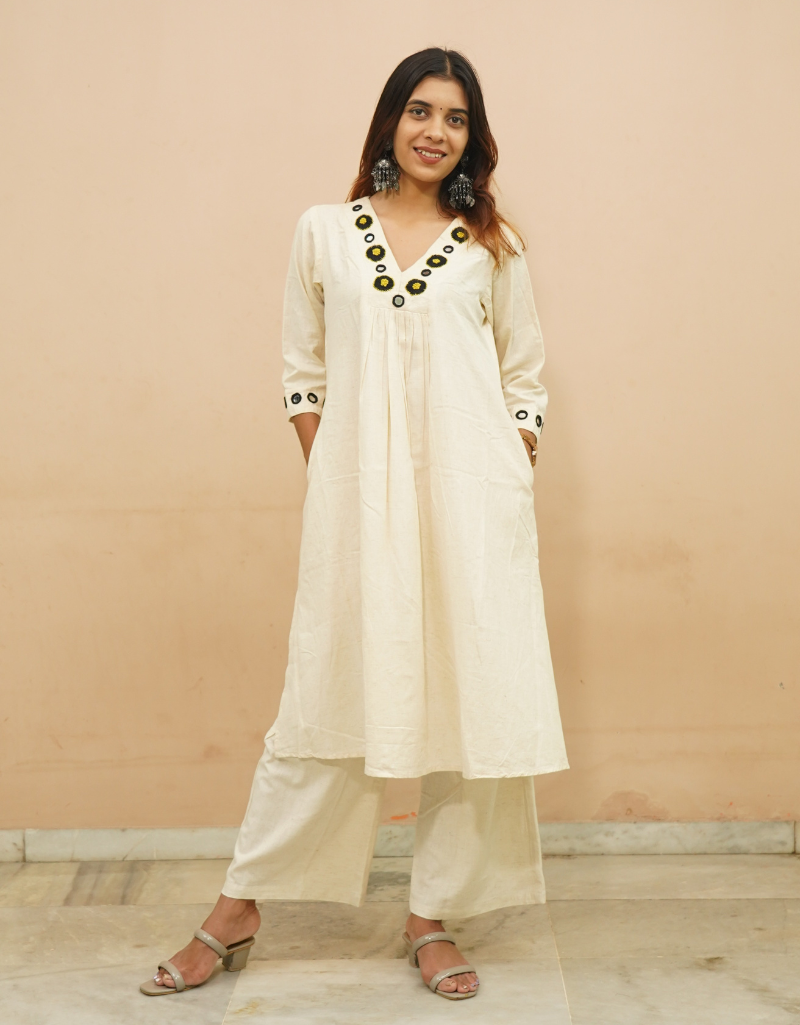 Embroidered Khadi A-line Kurta Set